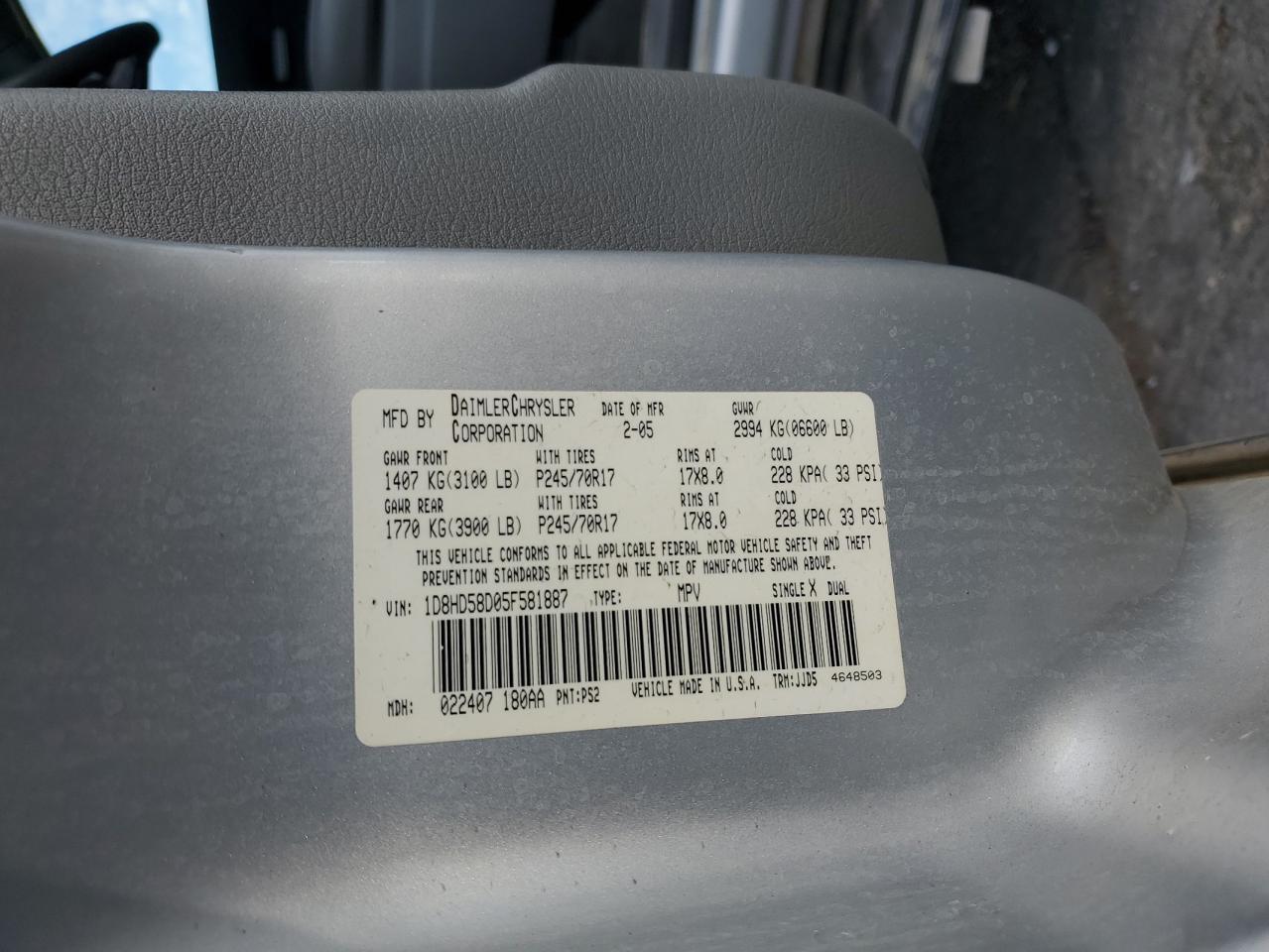 2005 Dodge Durango Limited VIN: 1D8HD58D05F581887 Lot: 81918435