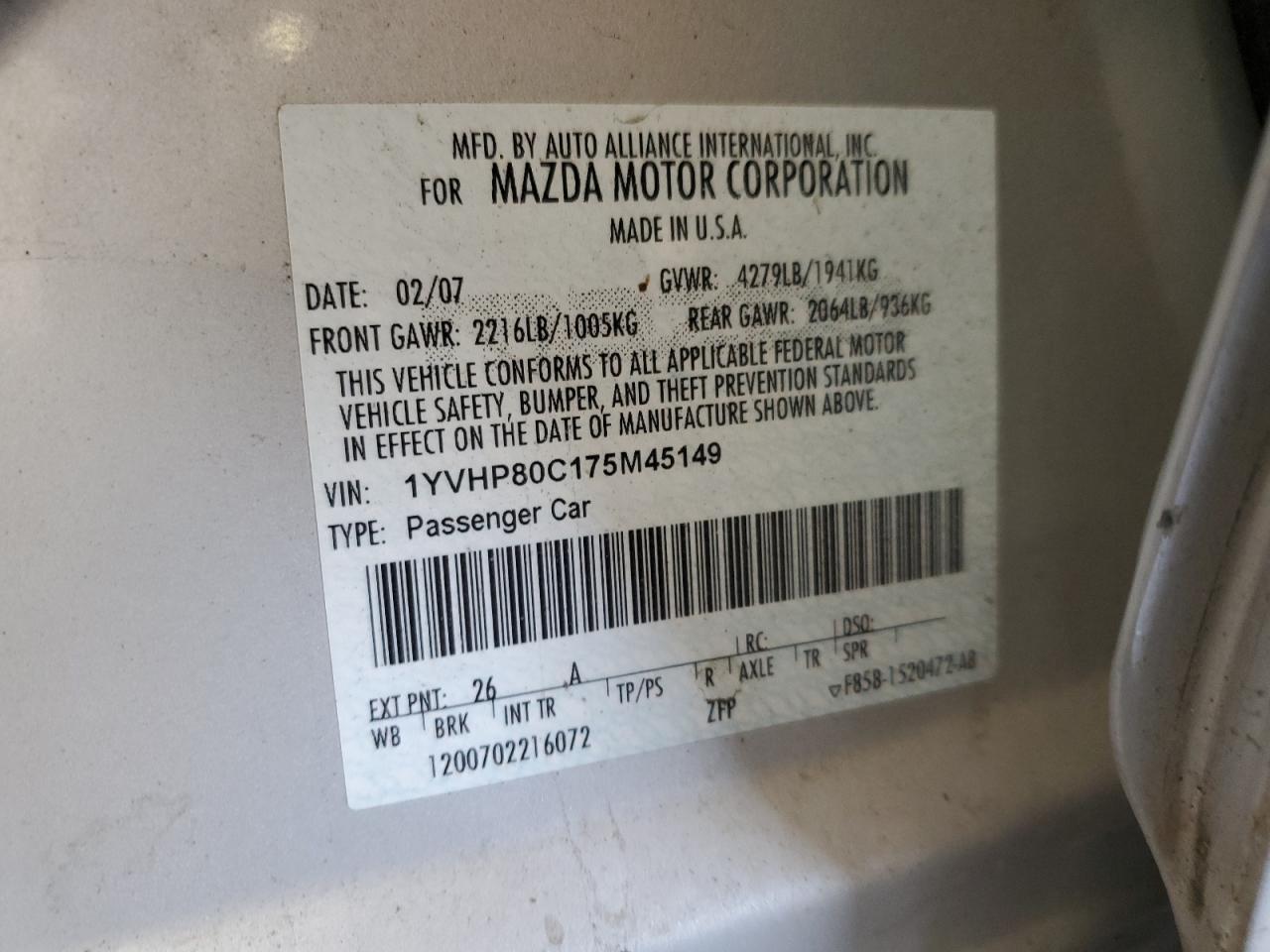 2007 Mazda 6 I VIN: 1YVHP80C175M45149 Lot: 85414415