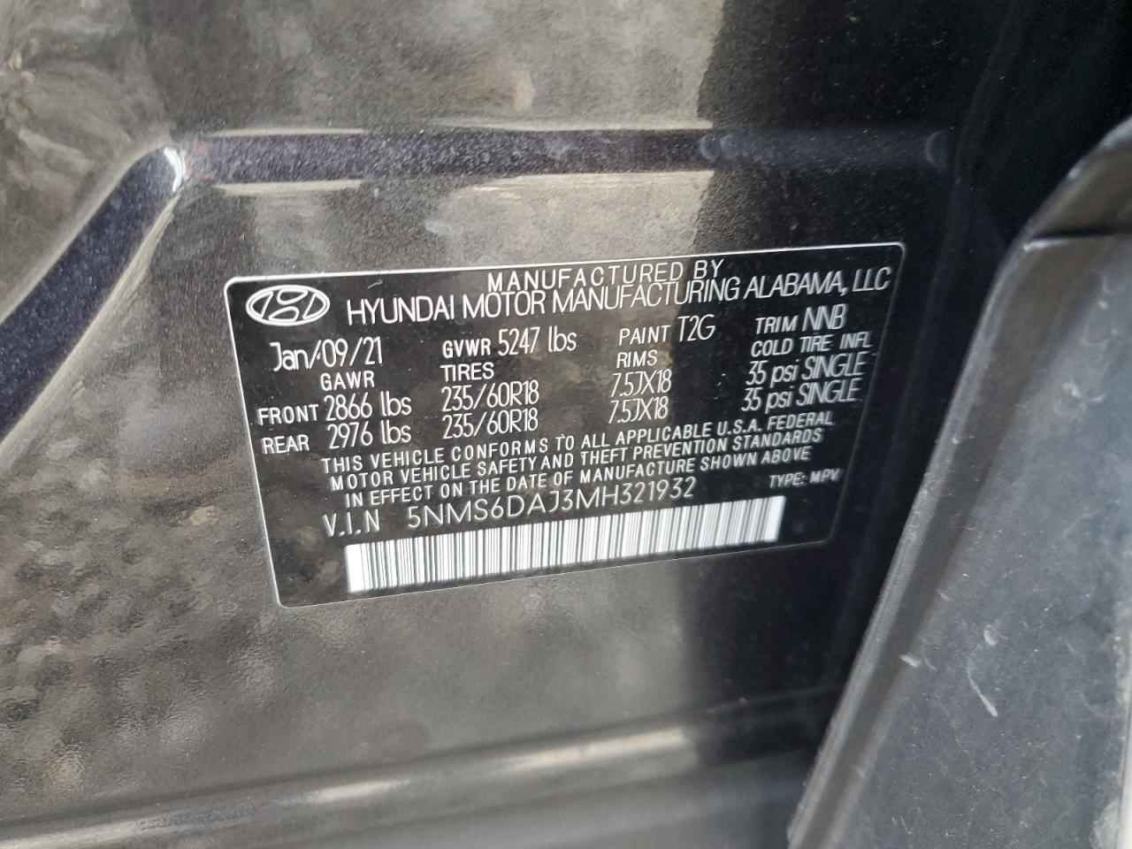 2021 Hyundai Santa Fe Sel VIN: 5NMS6DAJ3MH321932 Lot: 86166985