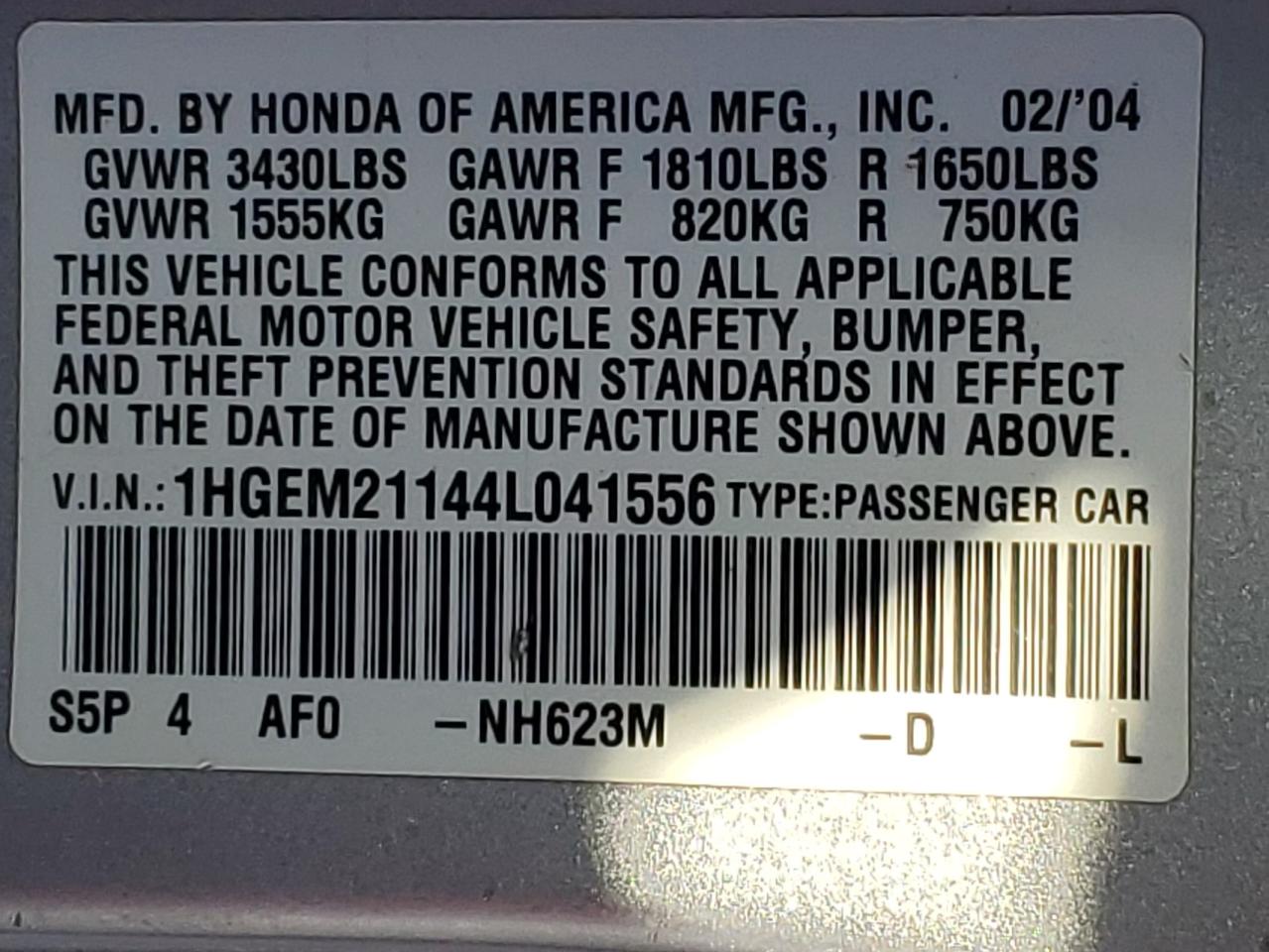 2004 Honda Civic Dx Vp VIN: 1HGEM21144L041556 Lot: 82178135