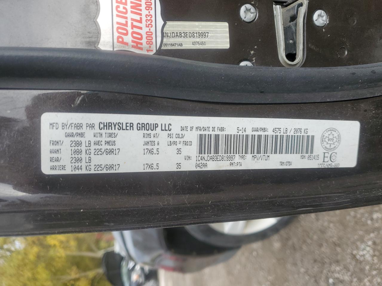 2014 Jeep Compass Sport VIN: 1C4NJDAB3ED819997 Lot: 86142485