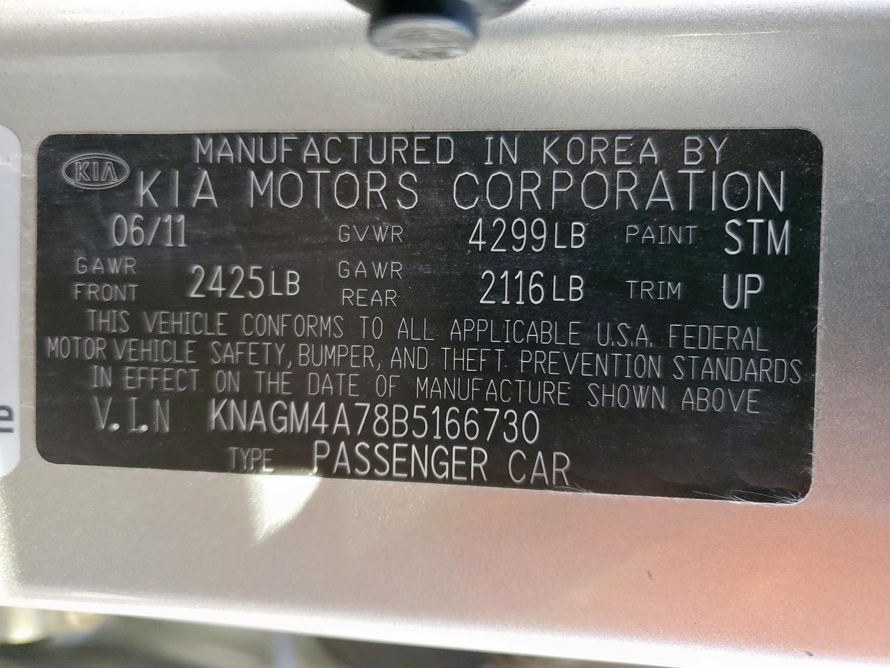 2011 Kia Optima Lx VIN: KNAGM4A78B5166730 Lot: 90597335