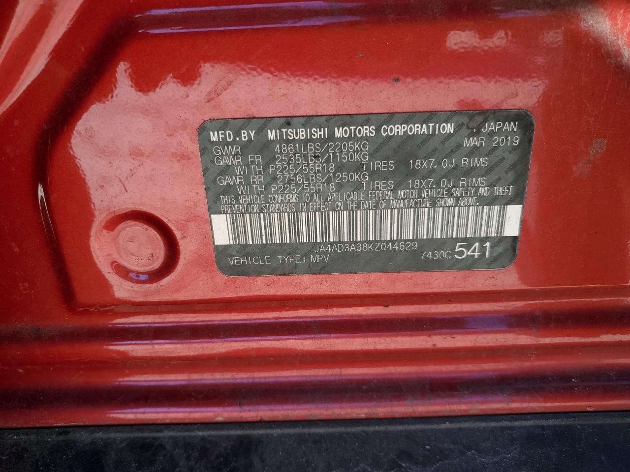 2019 Mitsubishi Outlander Se VIN: JA4AD3A38KZ044629 Lot: 86979725