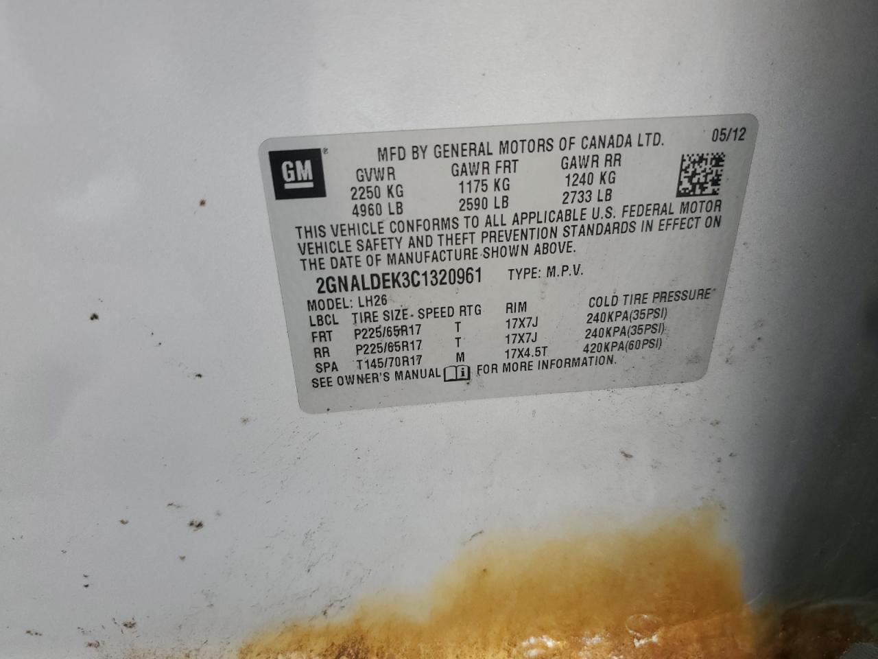 2012 Chevrolet Equinox Lt VIN: 2GNALDEK3C1320961 Lot: 84918195