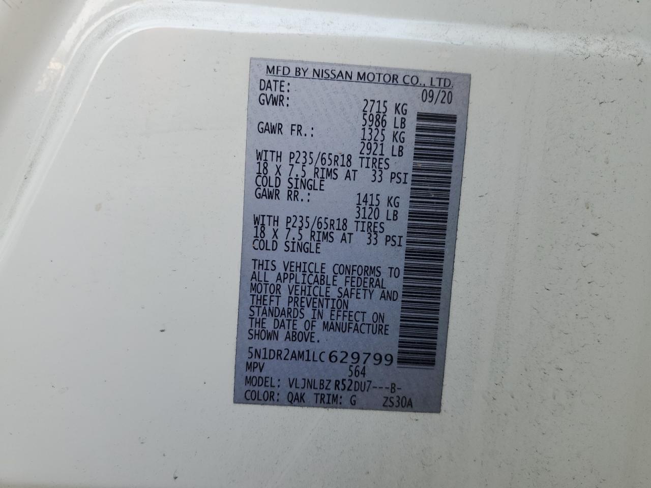 2020 Nissan Pathfinder S VIN: 5N1DR2AM1LC629799 Lot: 86864325