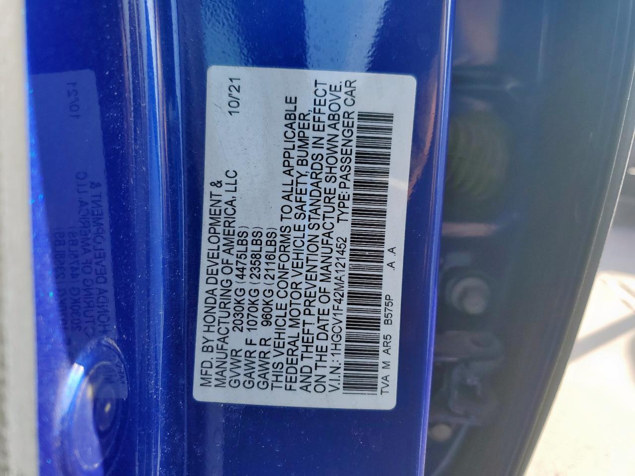 2021 Honda Accord Sport Se VIN: 1HGCV1F42MA121452 Lot: 85577545