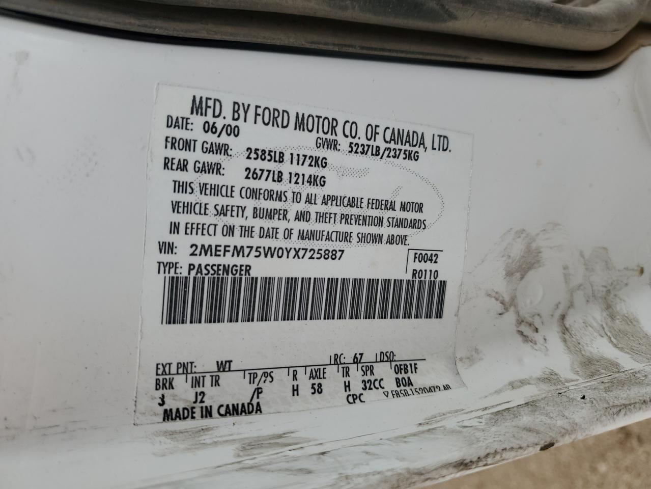 2000 Mercury Grand Marquis Ls VIN: 2MEFM75W0YX725887 Lot: 85652655