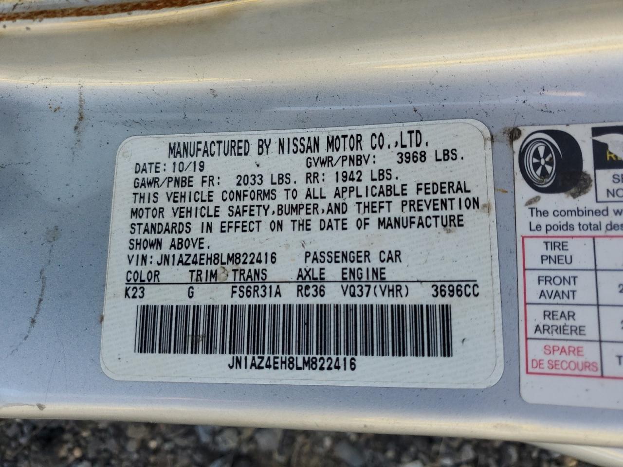 2020 Nissan 370Z Base VIN: JN1AZ4EH8LM822416 Lot: 84990135