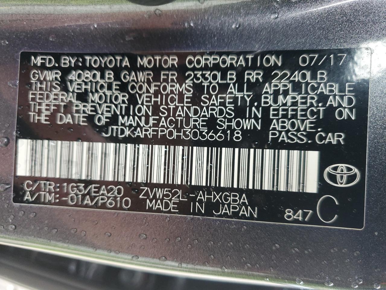 2017 Toyota Prius Prime VIN: JTDKARFP0H3036618 Lot: 81960935