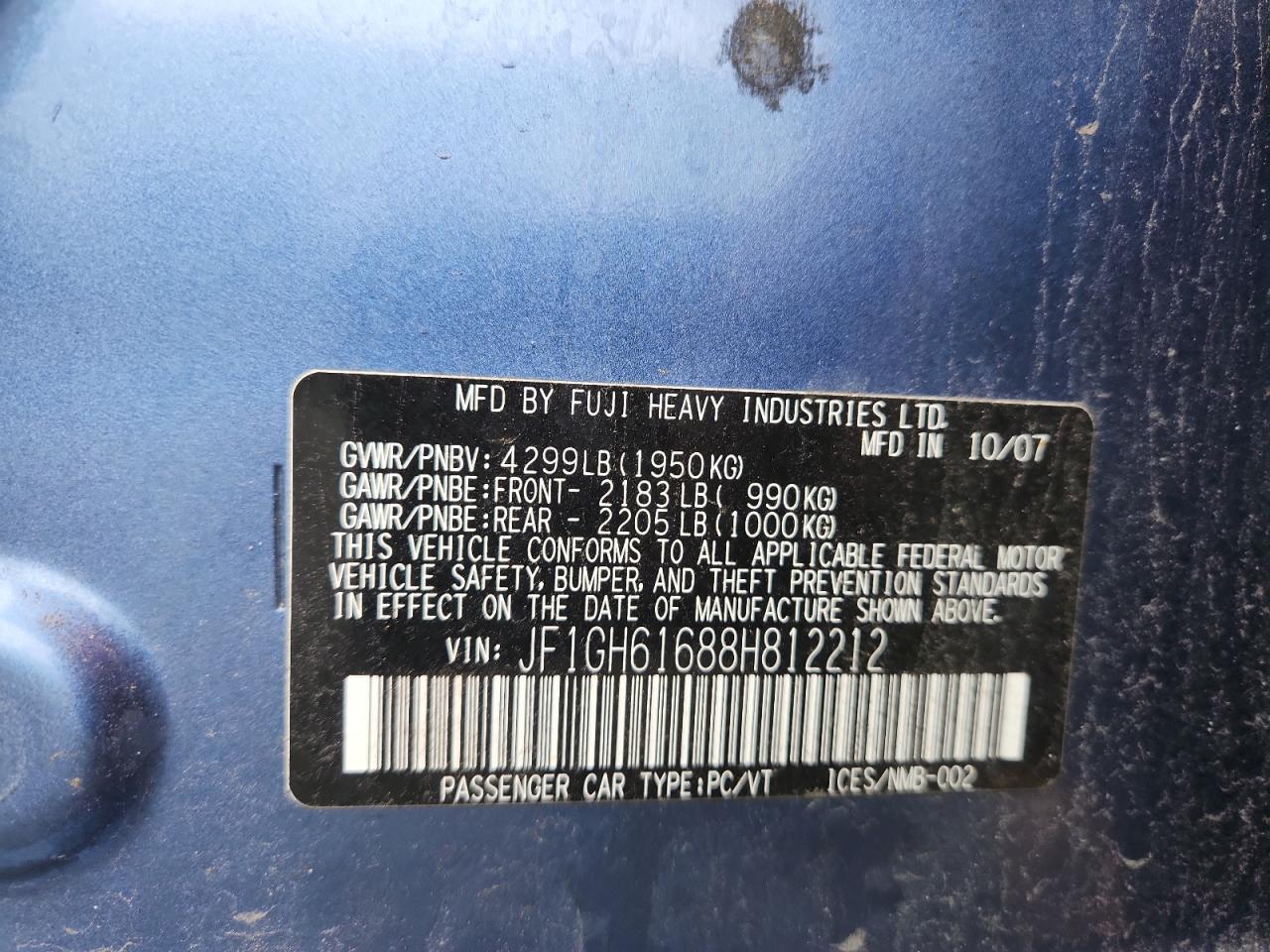 2008 Subaru Impreza 2.5I VIN: JF1GH61688H812212 Lot: 86310335