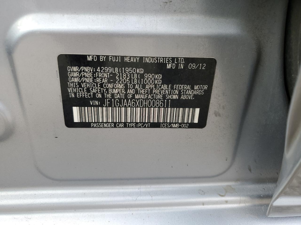 2013 Subaru Impreza VIN: JF1GJAA6XDH008611 Lot: 85896855