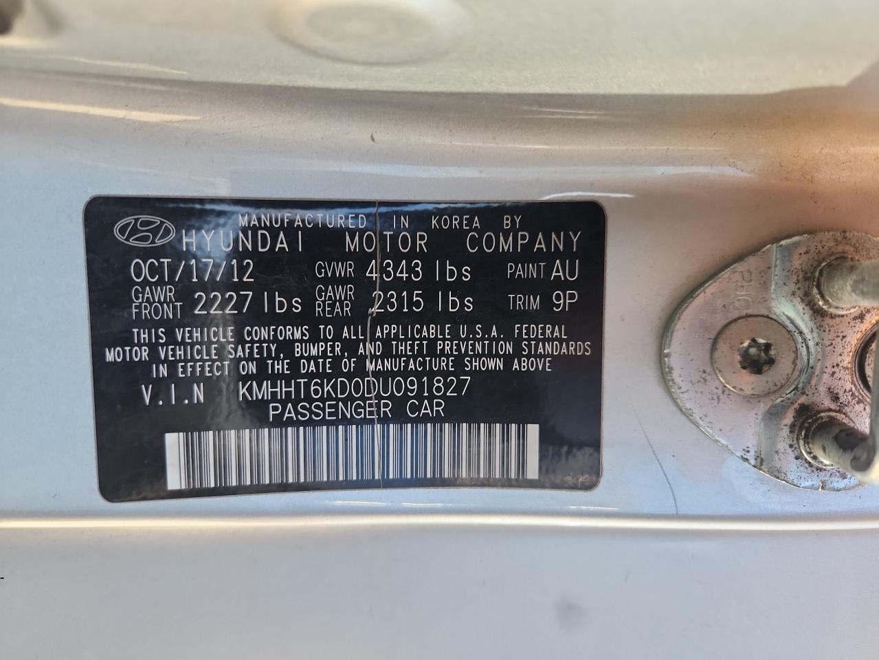 2013 Hyundai Genesis Coupe 2.0T VIN: KMHHT6KD0DU091827 Lot: 85741665