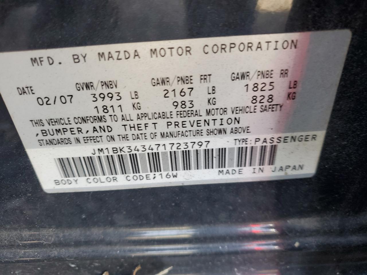 2007 Mazda 3 Hatchback VIN: JM1BK343471723797 Lot: 81928165