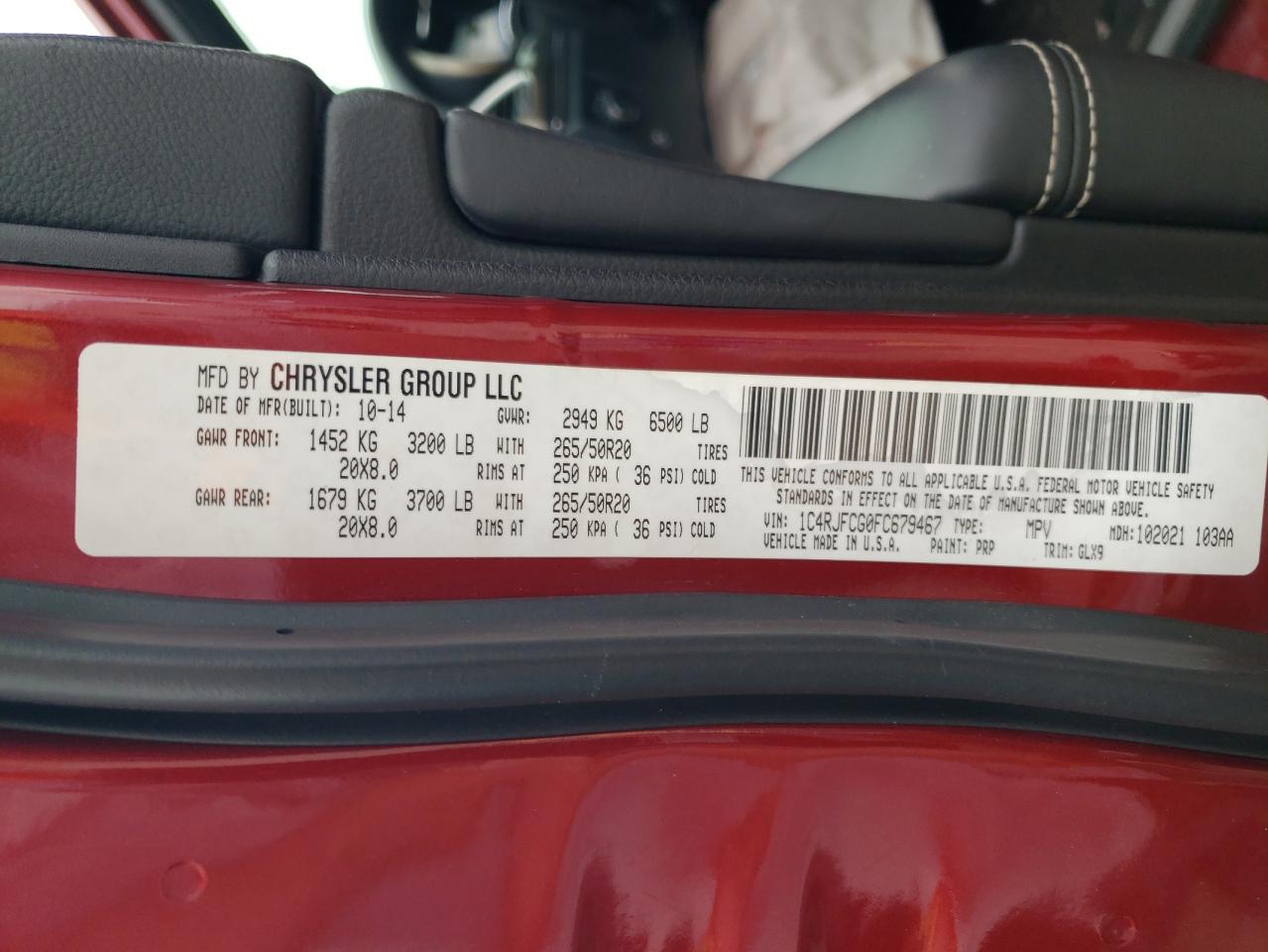 2015 Jeep Grand Cherokee Overland VIN: 1C4RJFCG0FC679467 Lot: 82310985