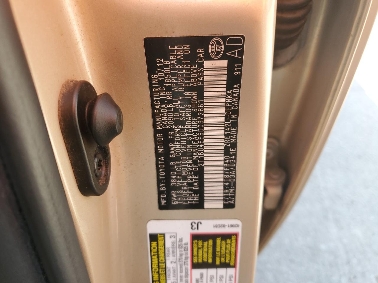 2013 Toyota Corolla Base VIN: 2T1BU4EE5DC972861 Lot: 85388305