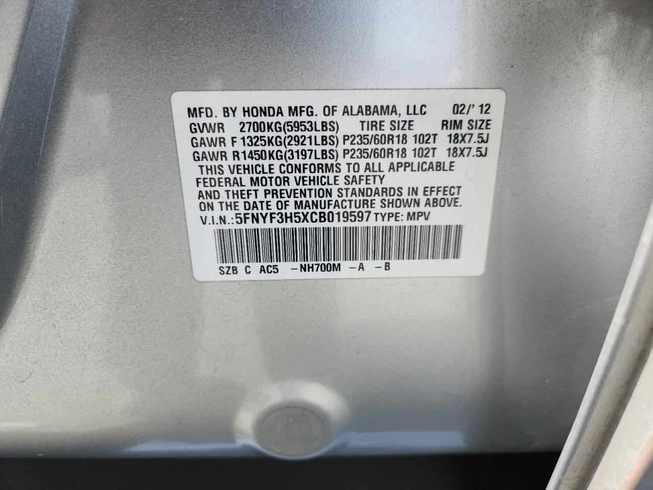 2012 Honda Pilot Exl VIN: 5FNYF3H5XCB019597 Lot: 89886295