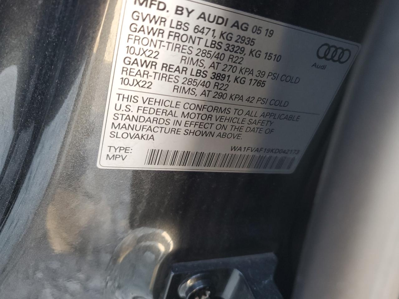 2019 Audi Q8 Prestige S-Line VIN: WA1FVAF19KD042173 Lot: 84795965