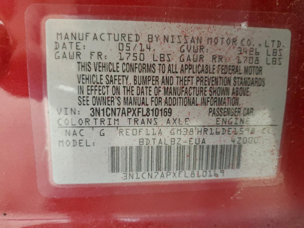 2015 Nissan Versa S VIN: 3N1CN7APXFL810169 Lot: 85477595