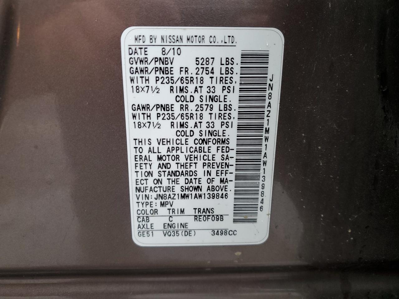 2010 Nissan Murano S VIN: JN8AZ1MW1AW139846 Lot: 86498895