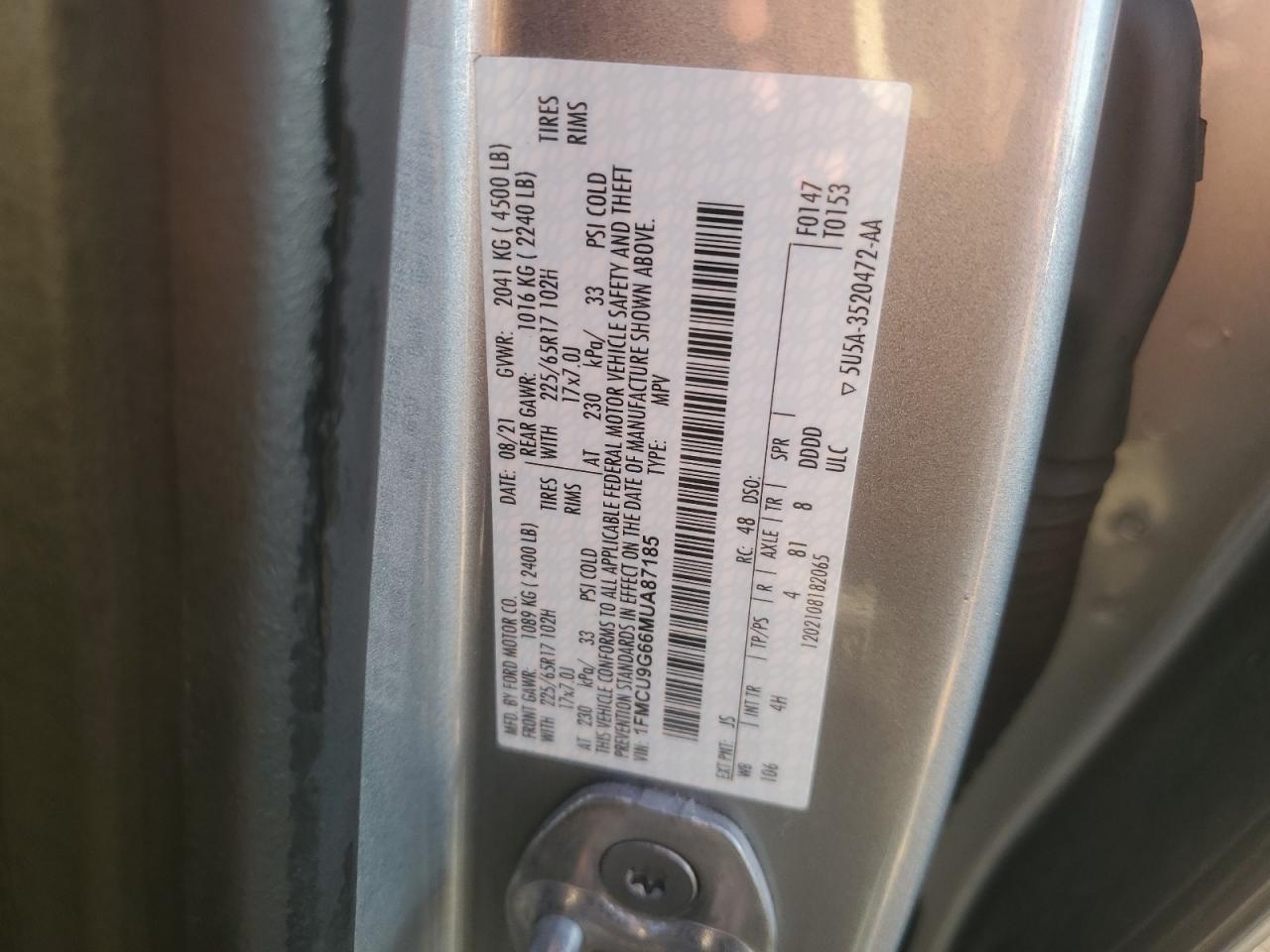 2021 Ford Escape Se VIN: 1FMCU9G66MUA87185 Lot: 85676695