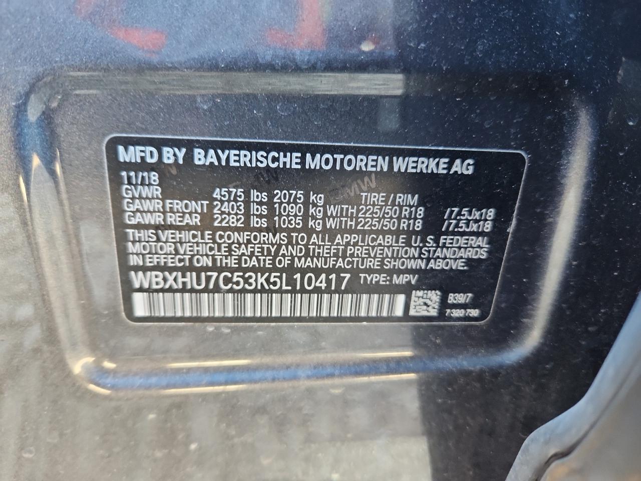 2019 BMW X1 Sdrive28I VIN: WBXHU7C53K5L10417 Lot: 86450305