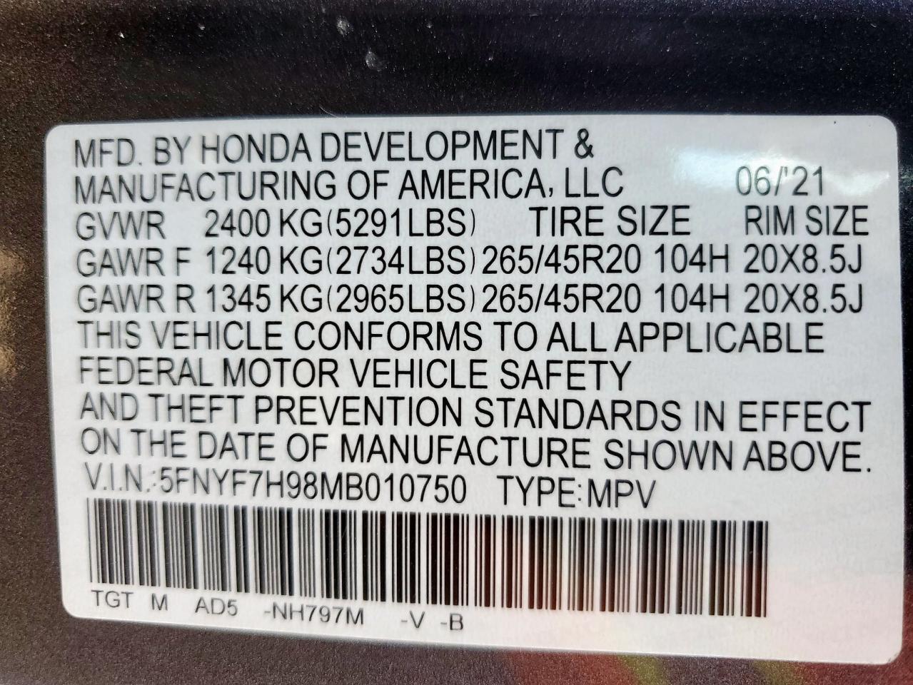 2021 Honda Passport Touring VIN: 5FNYF7H98MB010750 Lot: 82175355