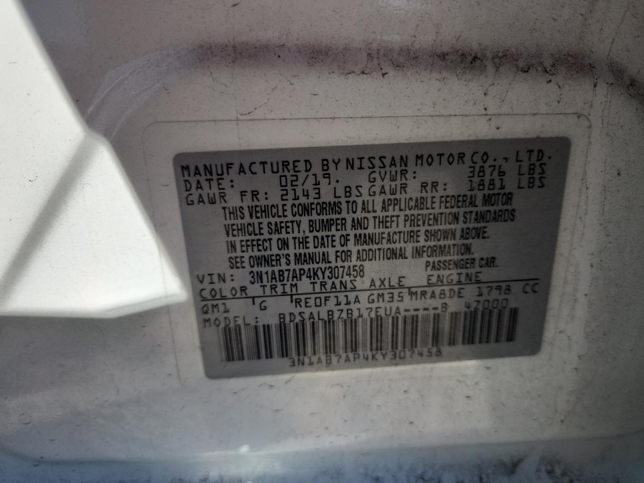 2019 Nissan Sentra S VIN: 3N1AB7AP4KY307458 Lot: 91069075