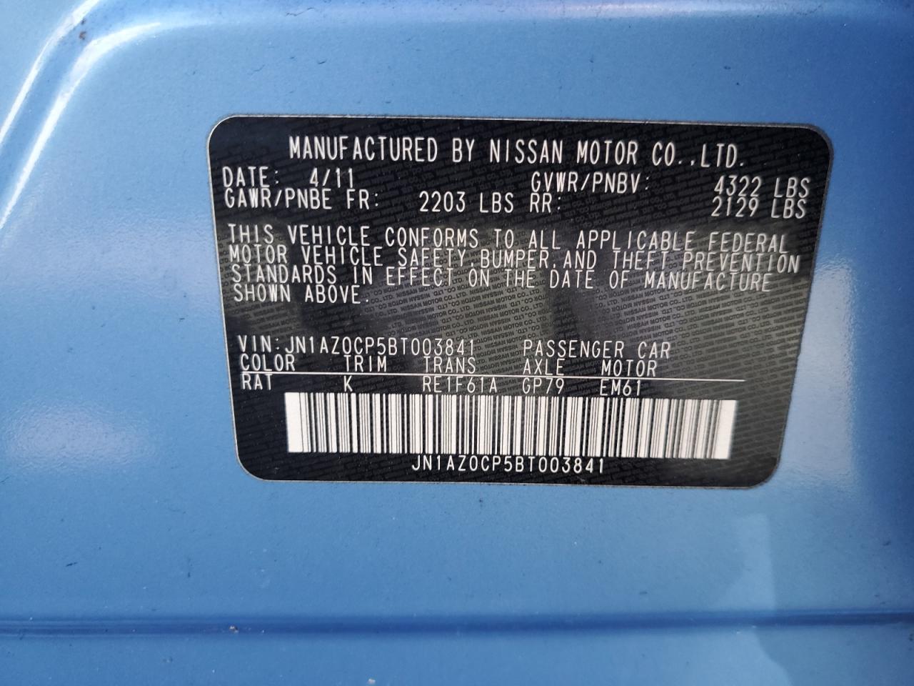 2011 Nissan Leaf Sv VIN: JN1AZ0CP5BT003841 Lot: 85831065