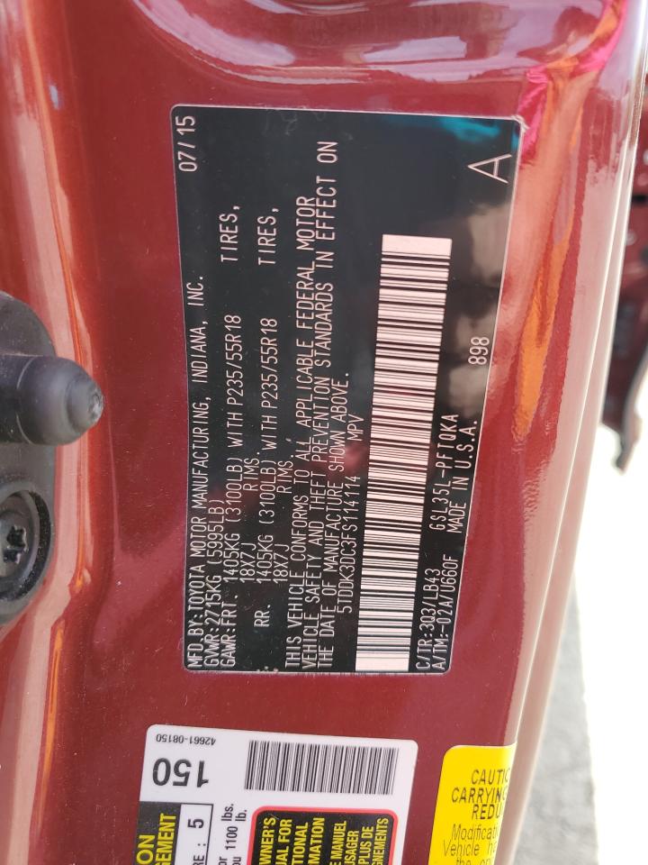 2015 Toyota Sienna Xle VIN: 5TDDK3DC3FS114114 Lot: 81884635