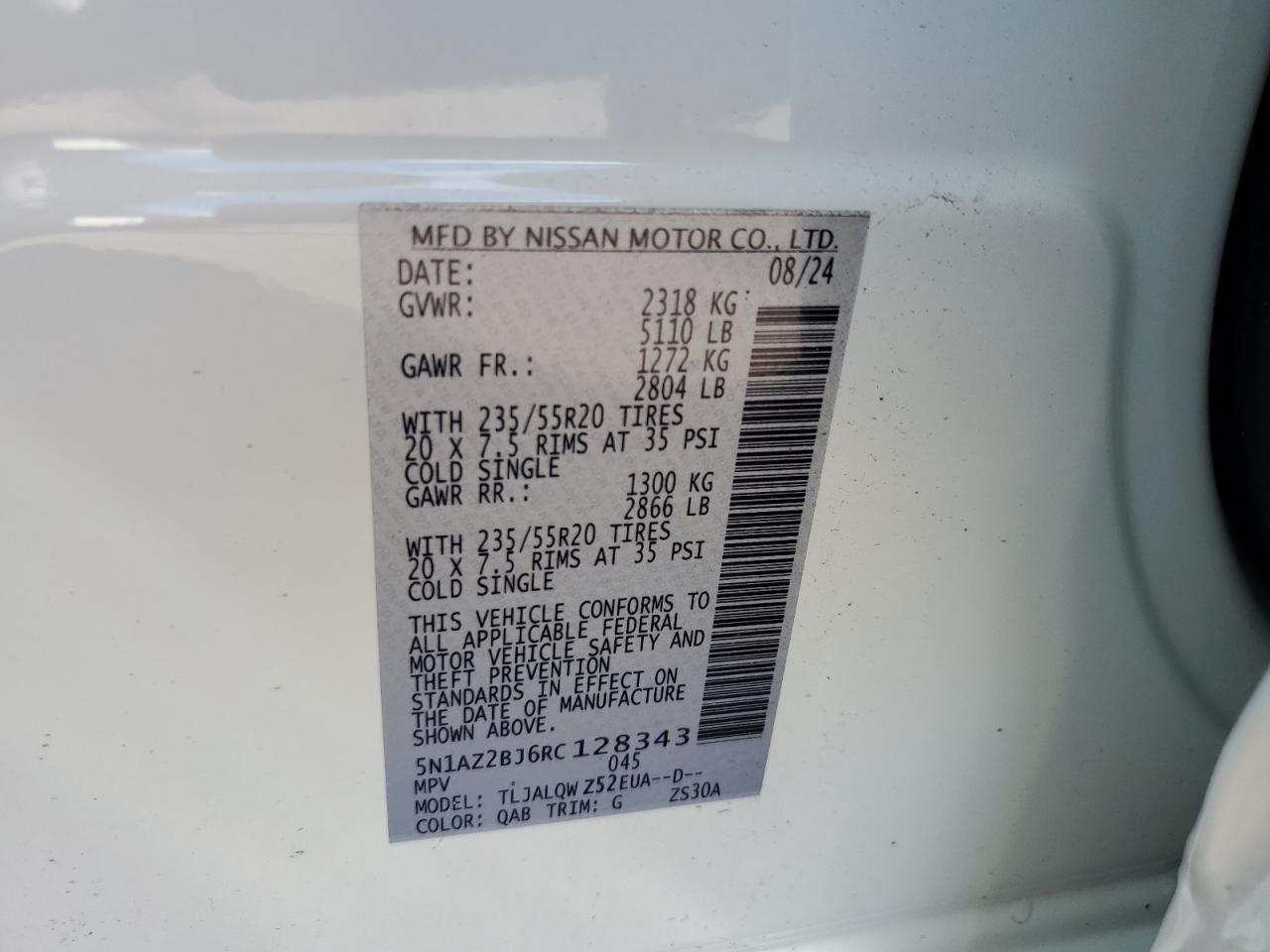 2024 Nissan Murano Sv VIN: 5N1AZ2BJ6RC128343 Lot: 82439945