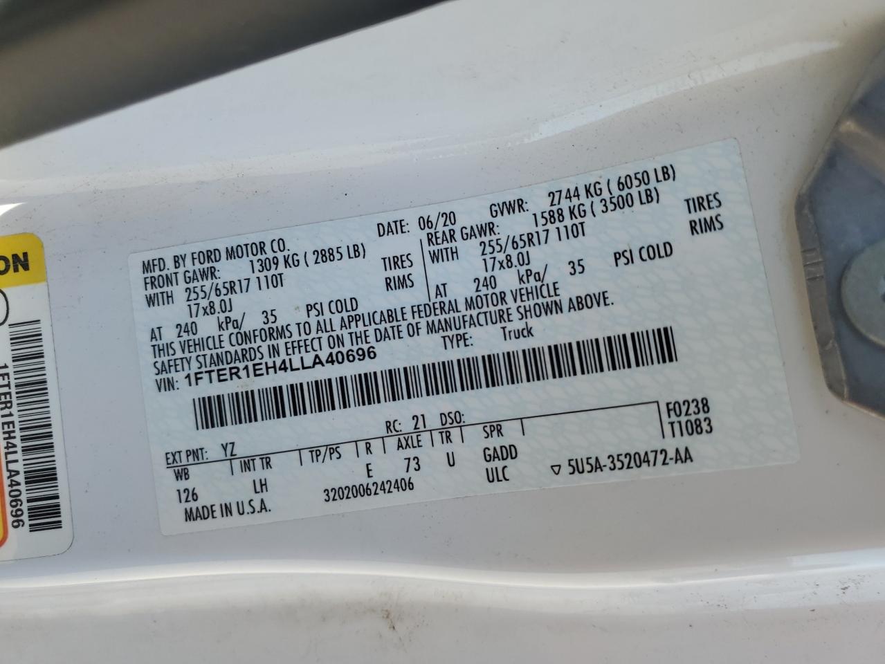 2020 Ford Ranger Xl VIN: 1FTER1EH4LLA40696 Lot: 86501295