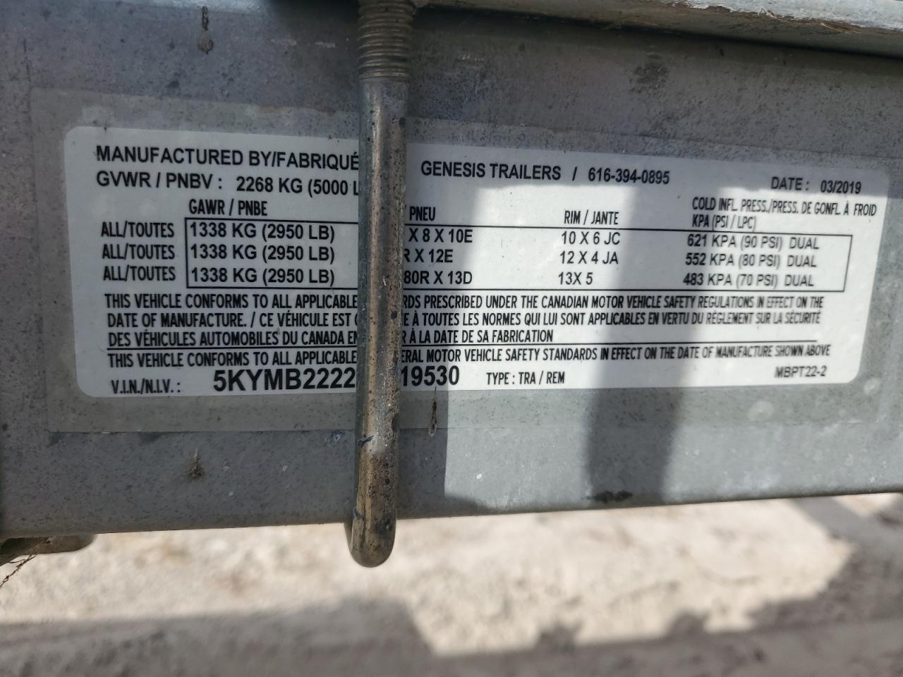 2019 Genesis Mbpt22-2 Boat Trailer VIN: 5KYMB2222K1019530 Lot: 82363475