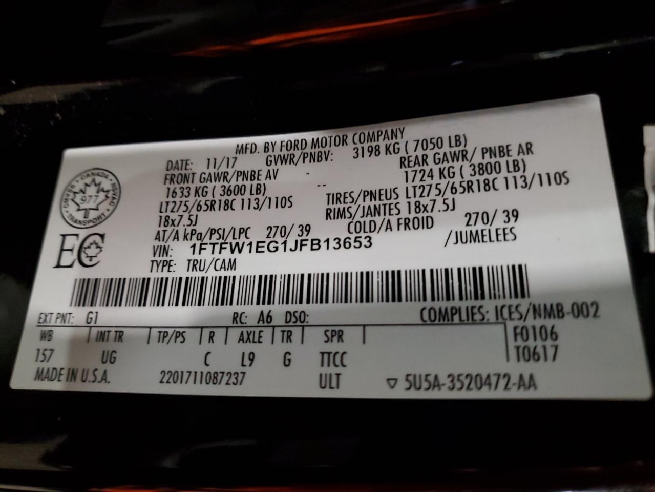 2018 Ford F150 Supercrew VIN: 1FTFW1EG1JFB13653 Lot: 86824385