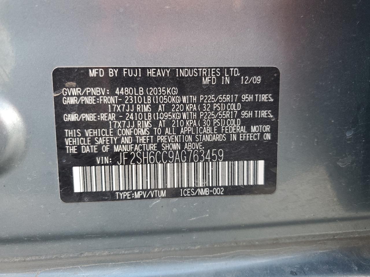 2010 Subaru Forester 2.5X Premium VIN: JF2SH6CC9AG763459 Lot: 89623545