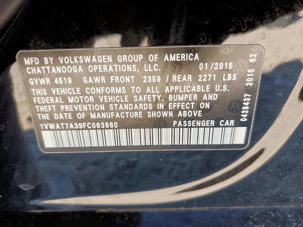 2015 Volkswagen Passat S VIN: 1VWAT7A39FC063860 Lot: 84473125