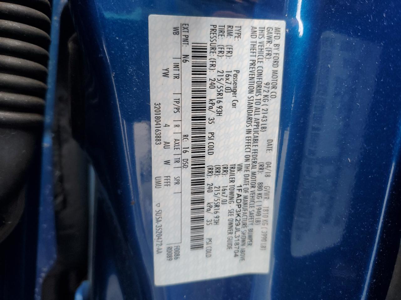 2018 Ford Focus Se VIN: 1FADP3K29JL318704 Lot: 86239395