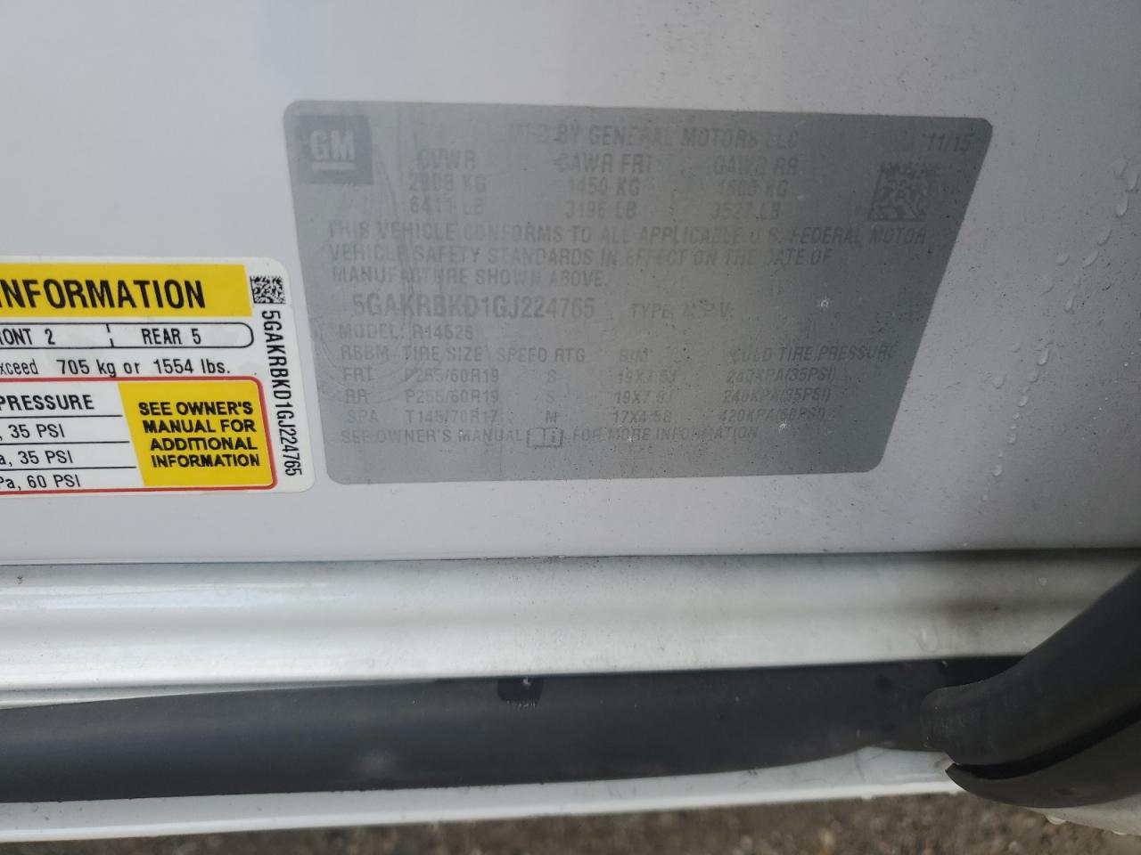 2016 Buick Enclave VIN: 5GAKRBKD1GJ224765 Lot: 90070025