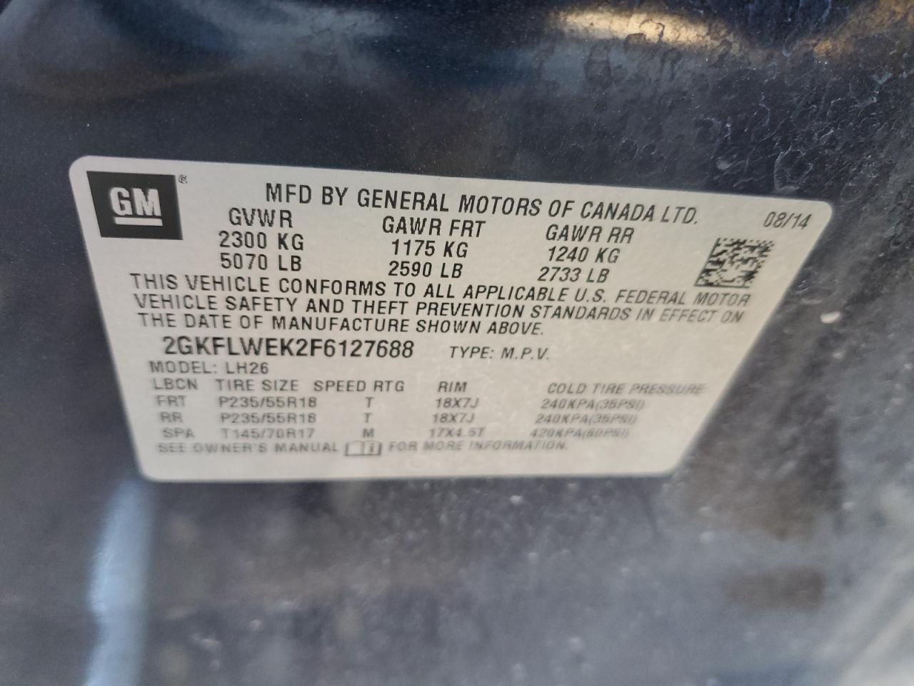 2015 GMC Terrain Sle VIN: 2GKFLWEK2F6127688 Lot: 89444905