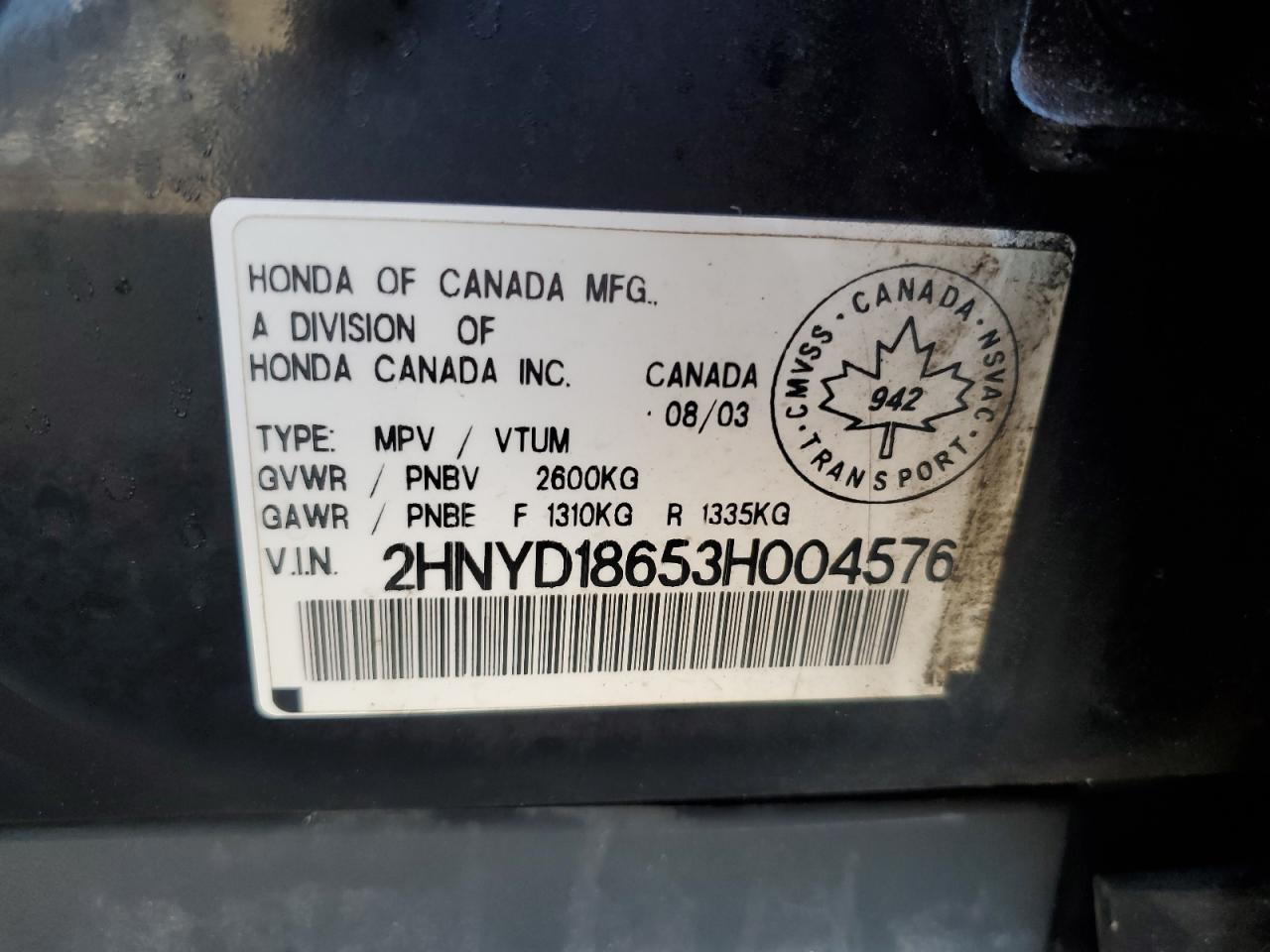2003 Acura Mdx Touring VIN: 2HNYD18653H004576 Lot: 80615655