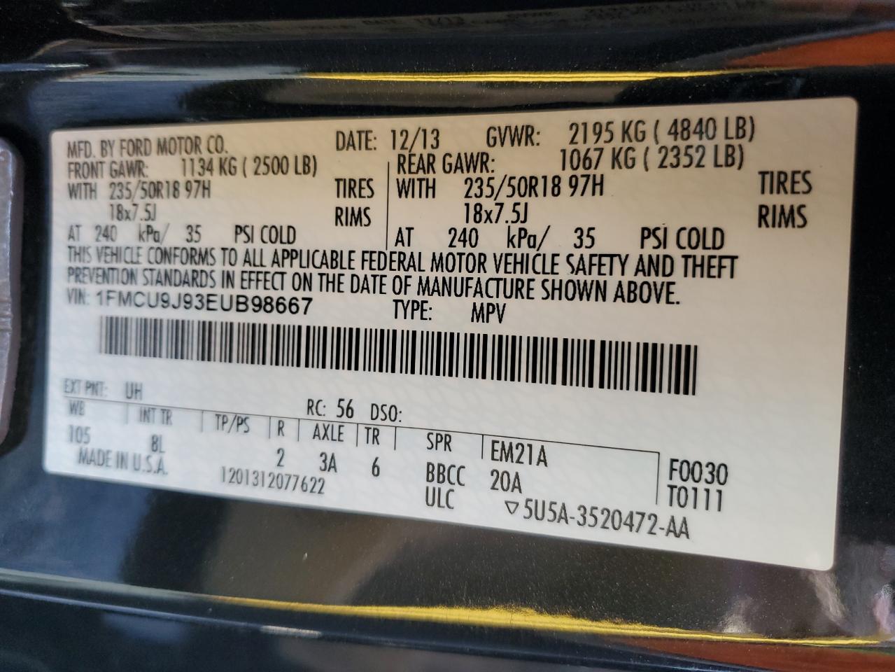 2014 Ford Escape Titanium VIN: 1FMCU9J93EUB98667 Lot: 87458765