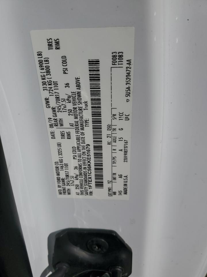 2019 Ford F150 Super Cab VIN: 1FTEX1C56KKE51679 Lot: 85589075