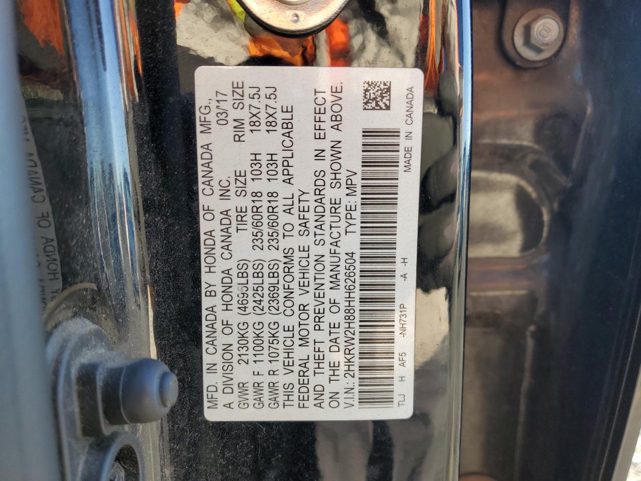 2017 Honda Cr-V Exl VIN: 2HKRW2H88HH626504 Lot: 81974685