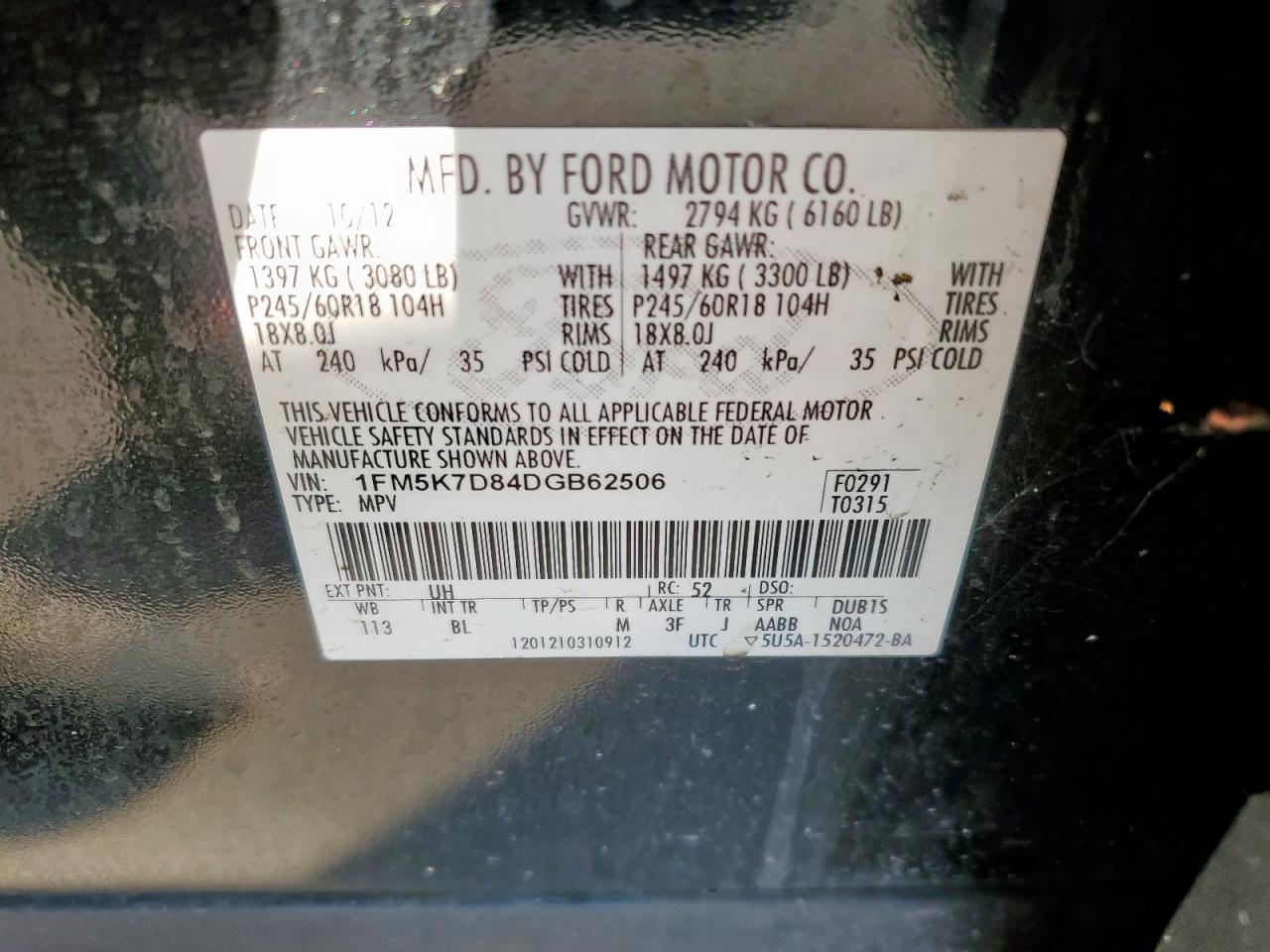 2013 Ford Explorer Xlt VIN: 1FM5K7D84DGB62506 Lot: 86146475