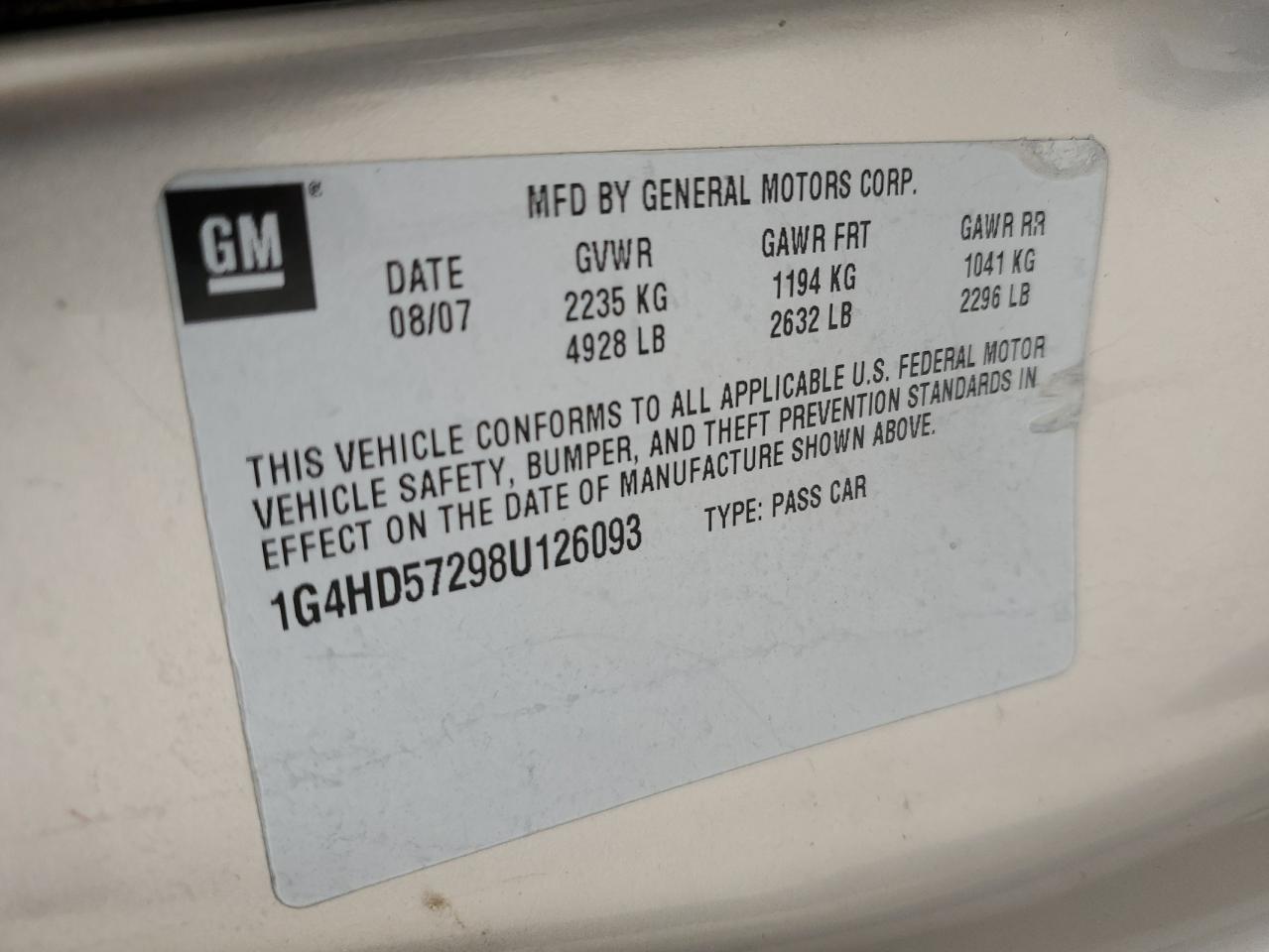 2008 Buick Lucerne Cxl VIN: 1G4HD57298U126093 Lot: 82747645