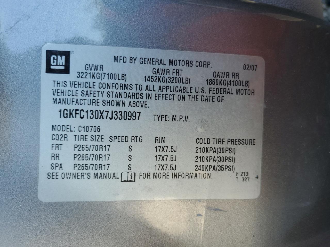 2007 GMC Yukon VIN: 1GKFC130X7J330997 Lot: 89466675