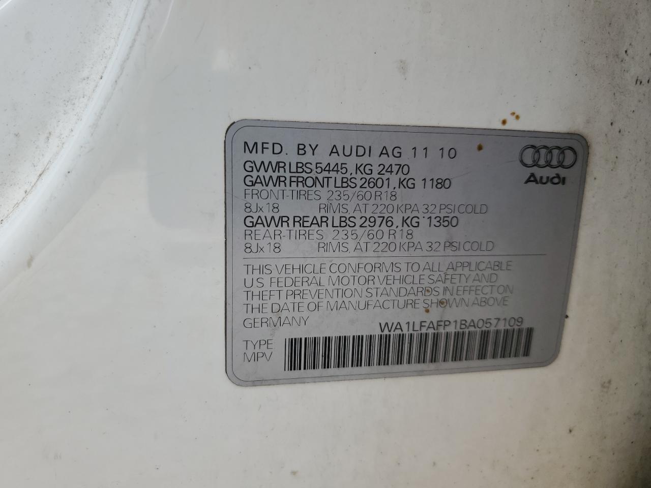 2011 Audi Q5 Premium Plus VIN: WA1LFAFP1BA057109 Lot: 86643875