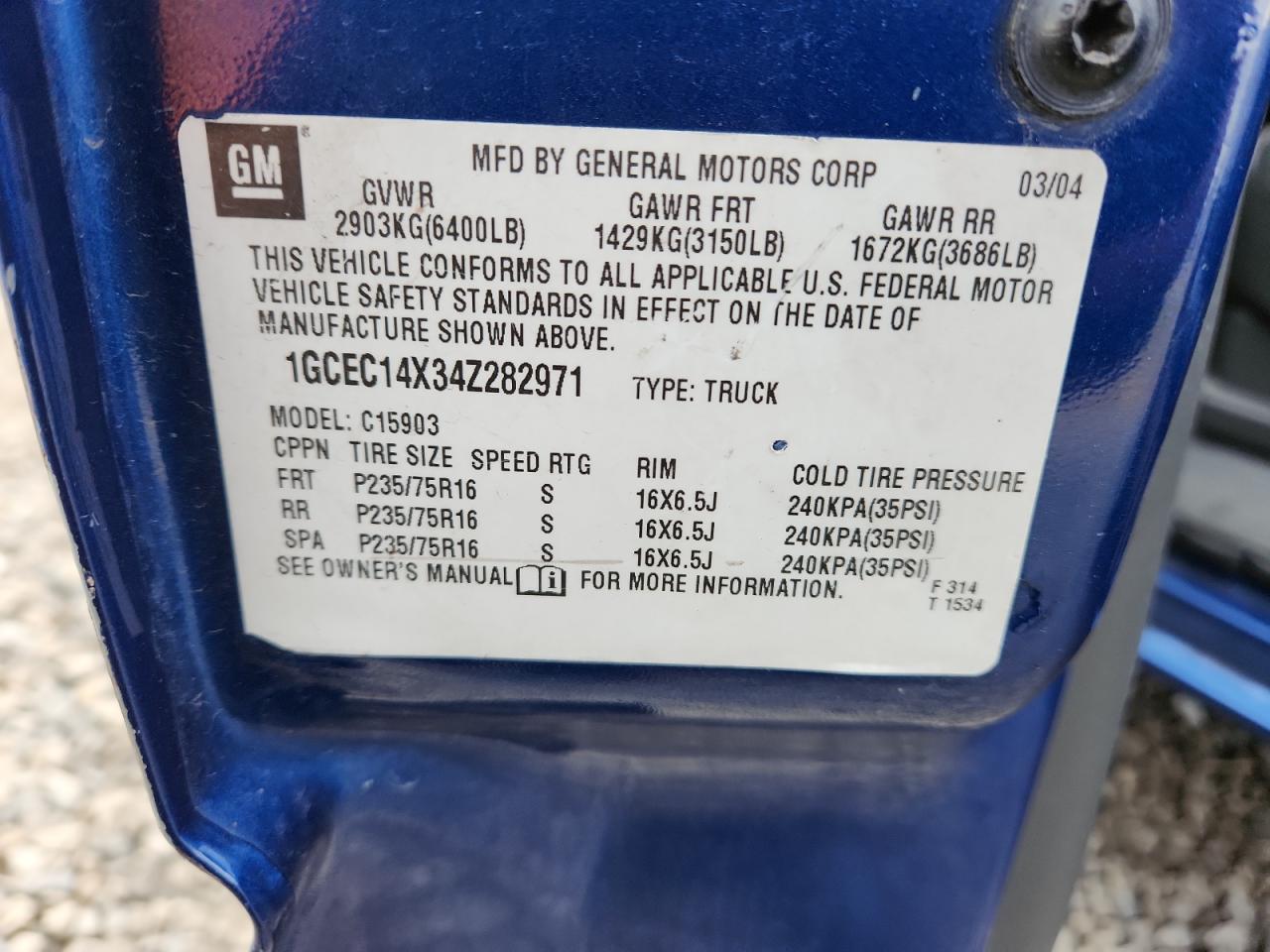2004 Chevrolet Silverado C1500 VIN: 1GCEC14X34Z282971 Lot: 84962575