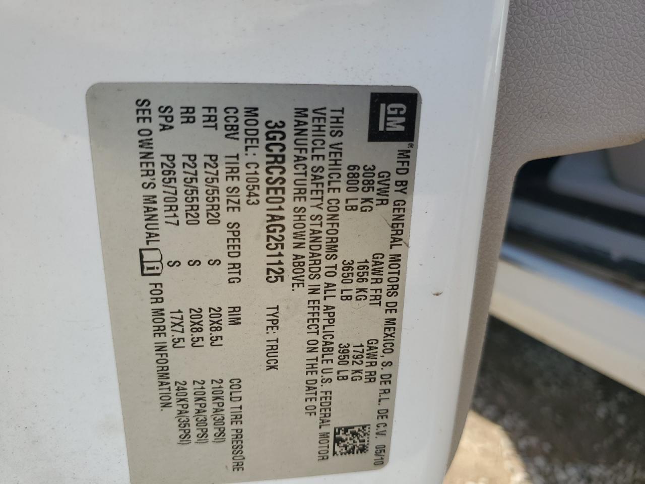 2010 Chevrolet Silverado C1500 Lt VIN: 3GCRCSE01AG251125 Lot: 85638015