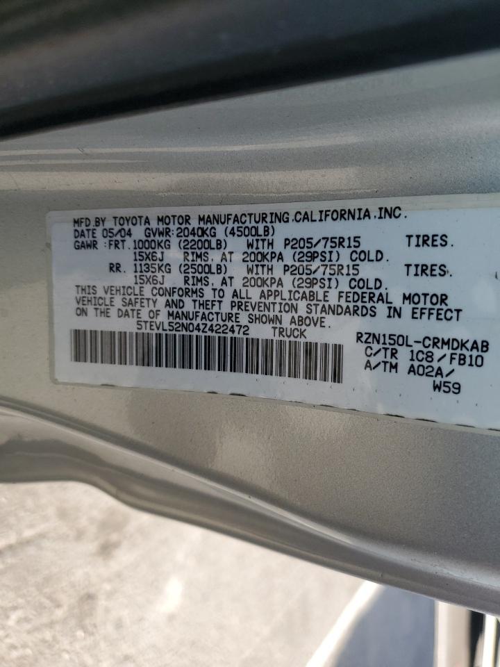2004 Toyota Tacoma Xtracab VIN: 5TEVL52N04Z422472 Lot: 81917265