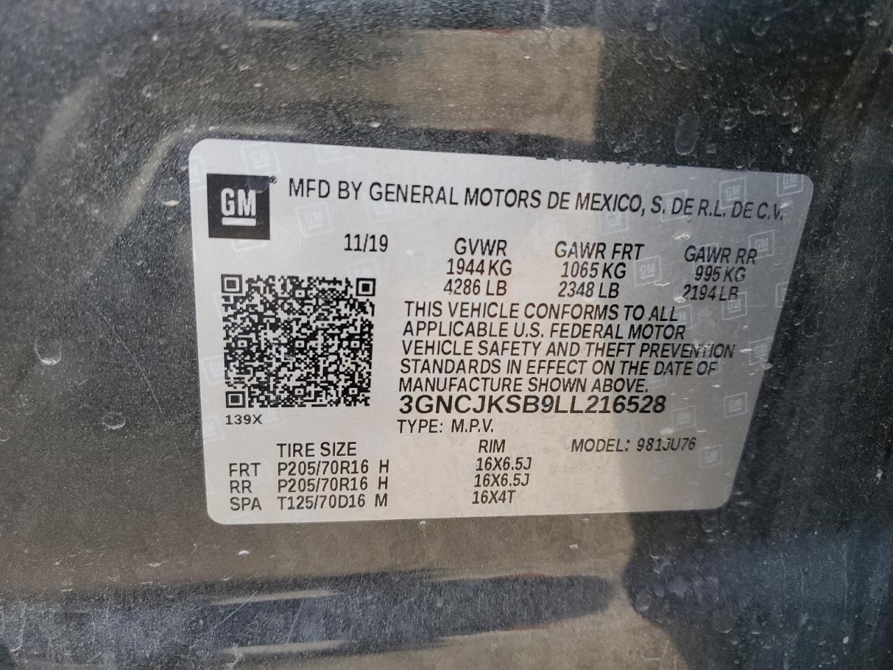 2020 Chevrolet Trax Ls VIN: 3GNCJKSB9LL216528 Lot: 84905575